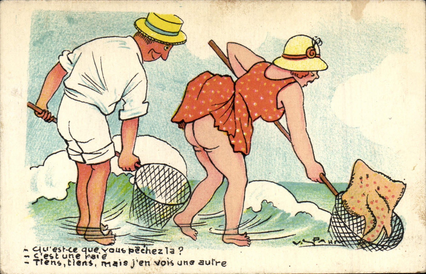 CPA Humour Qu'est ce que vous pechez ? Femme Raie 