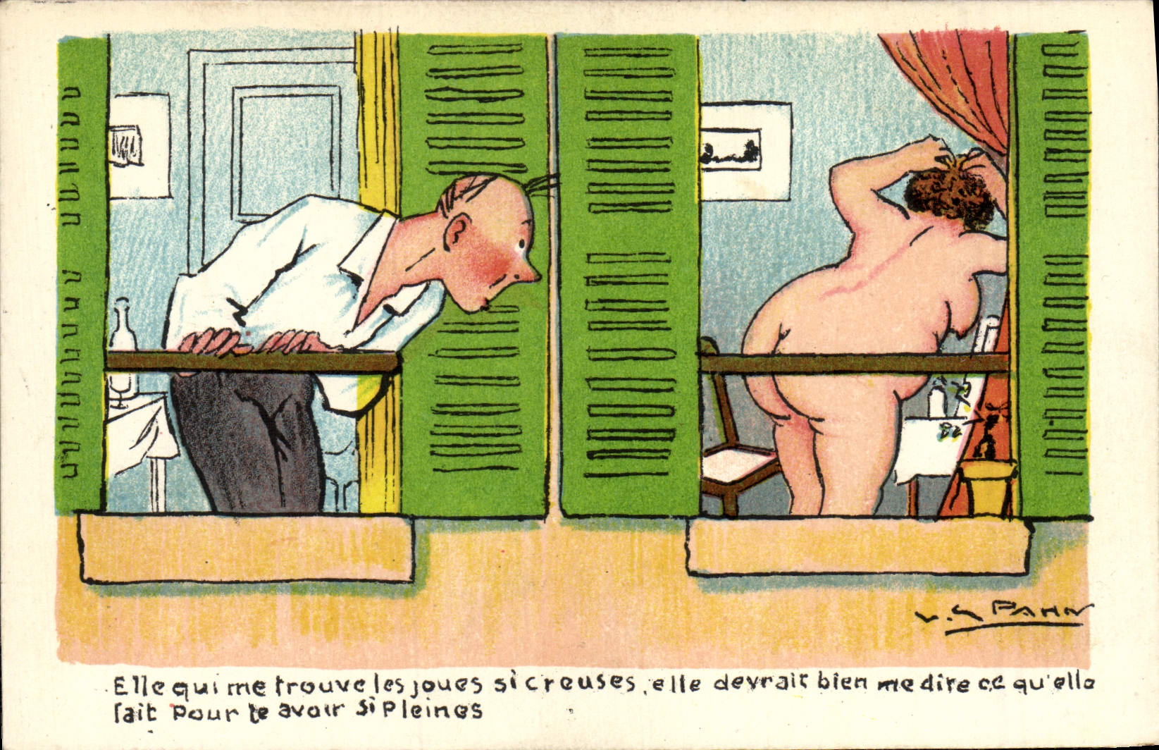 CPA Humour Femme nue elle qui me trouve les joues si creuses 