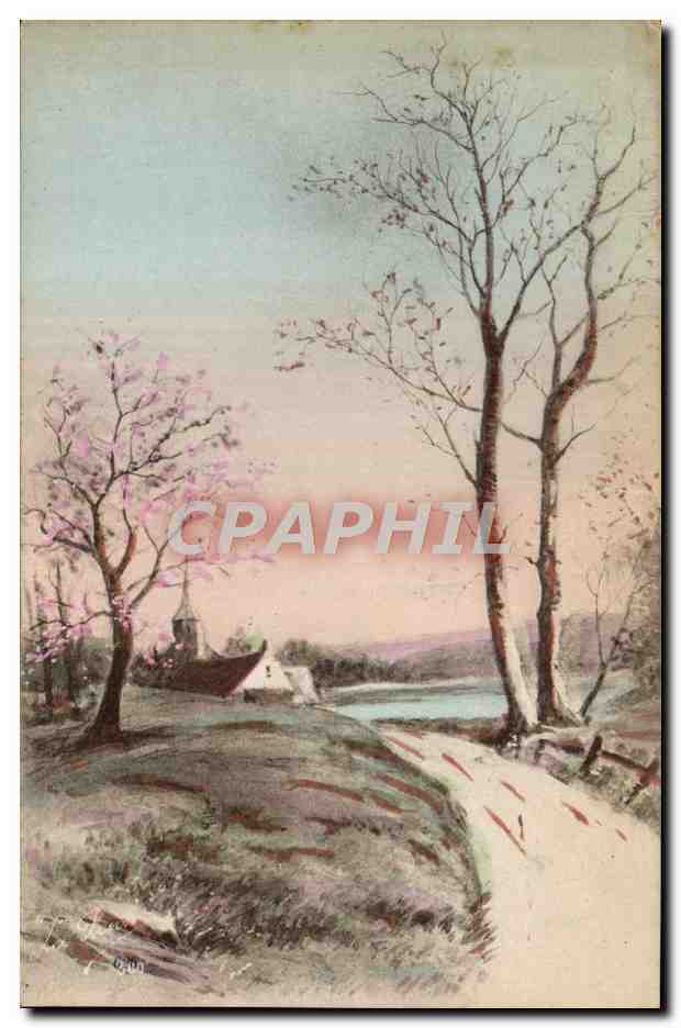 Paysage avec église et fleurs — éditeur Paudinère, n° 6300