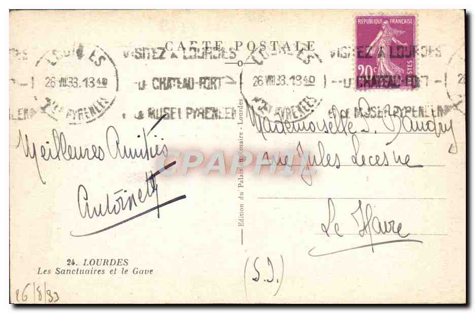 CPA Lourdes Les Sanctuaires et le Gave — Verso