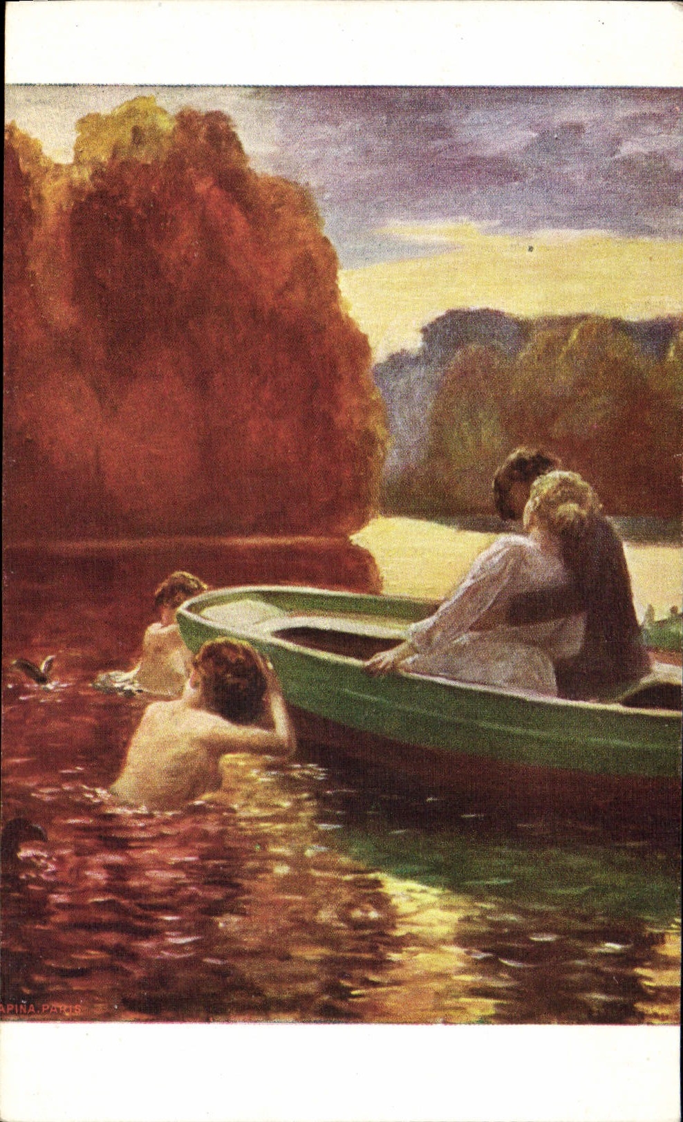 Scène de bain — couple dans un canot et personnes nageant — éditeur Apina, Paris