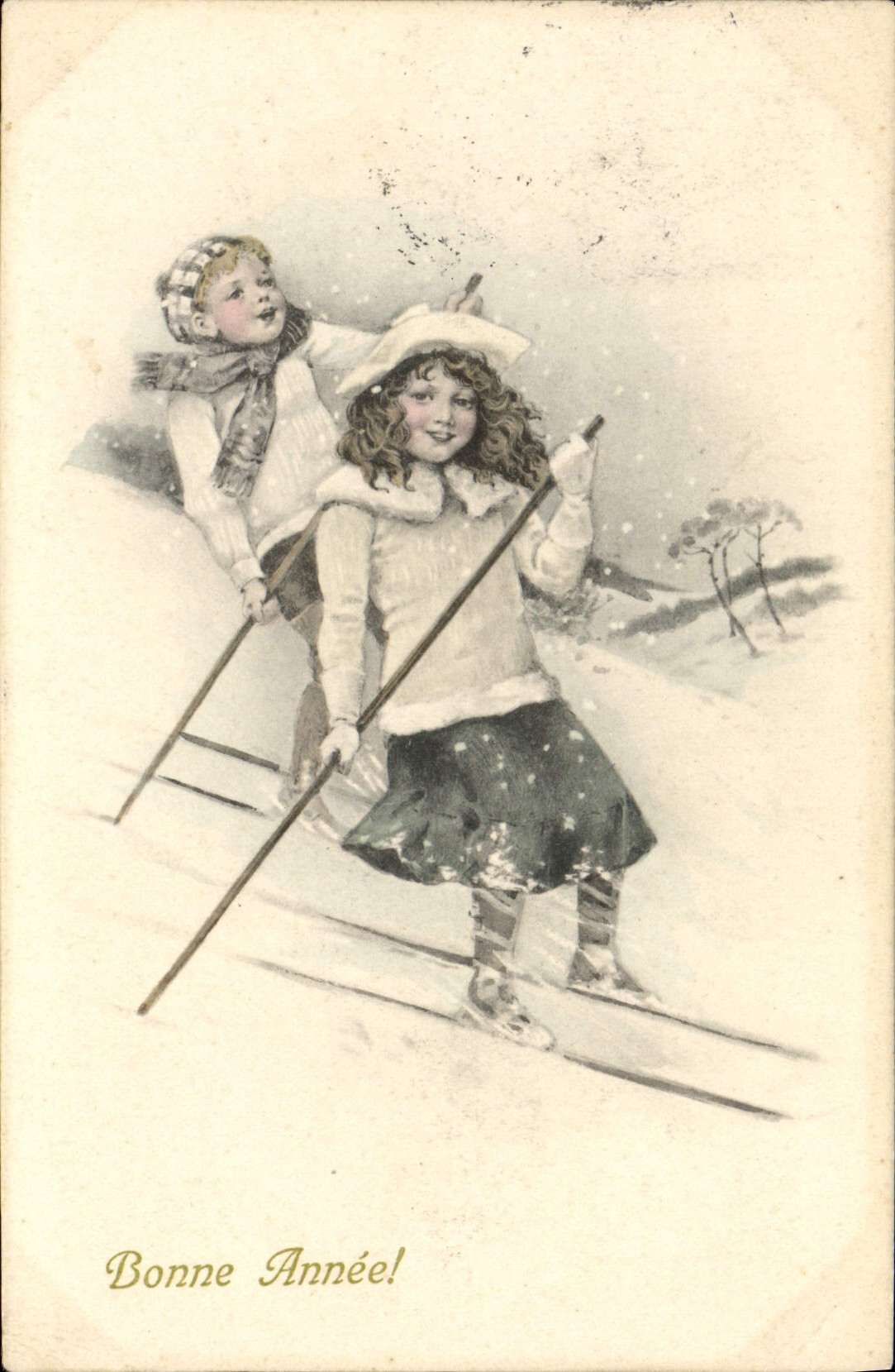 CPA Bonne Annee Enfants Ski 