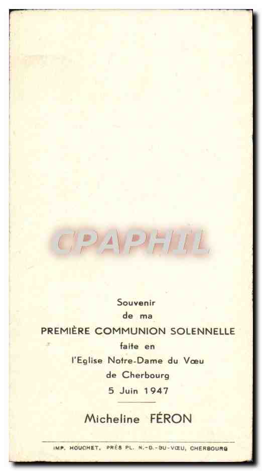 Image pieuse Communion Eglise Notre Dame du Voeu Cherbourg 5 juin 1947 Micheline Feron — Verso