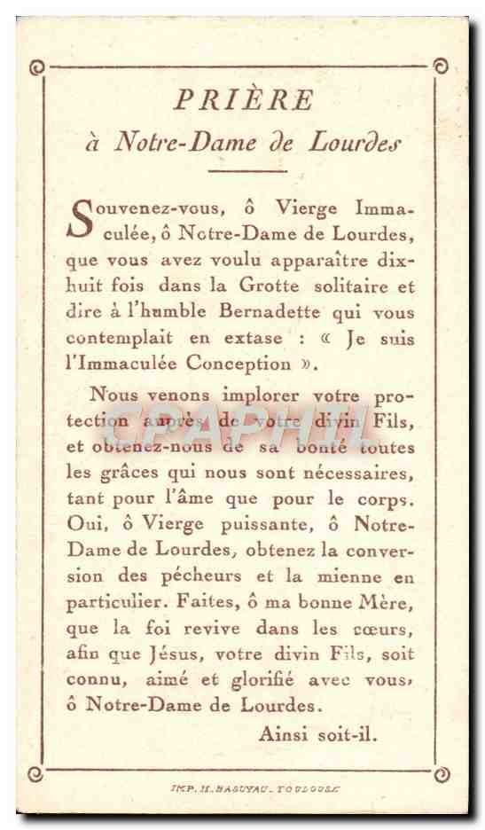 Image pieuse Notre Dame de Lourdes — Rückseite