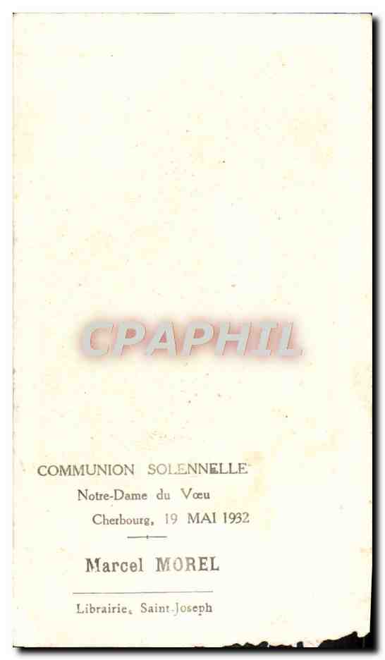 Image pieuse Communion Notre Dame du Voeu Cherbourg 19 mai 1952 Marcel Morel — Rückseite