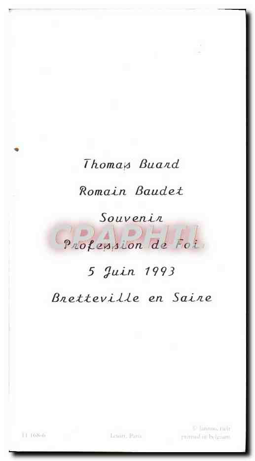 Image pieuse Profession de Foi 5 juin 1993 Bretteville en Saine Thomas Buard Romain Baudet — Rückseite