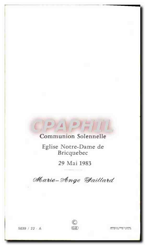 Image pieuse Communion Eglise de ND de Bricquebec 29 mai 1983 Marie Ange Gaillard — Rückseite