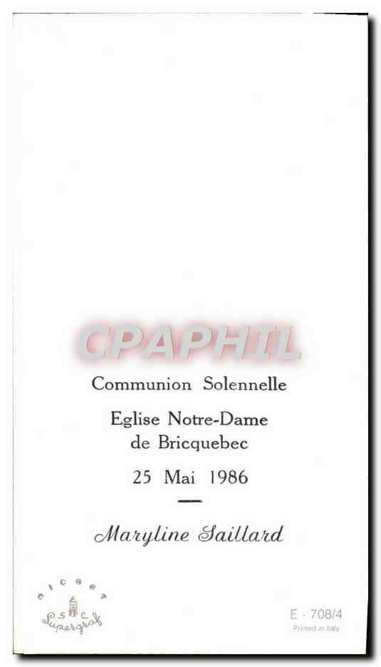 Image pieuse Communion Eglise Notre Dame de Bricquebec 25 mai 1986 Maryline Gaillard — Rückseite