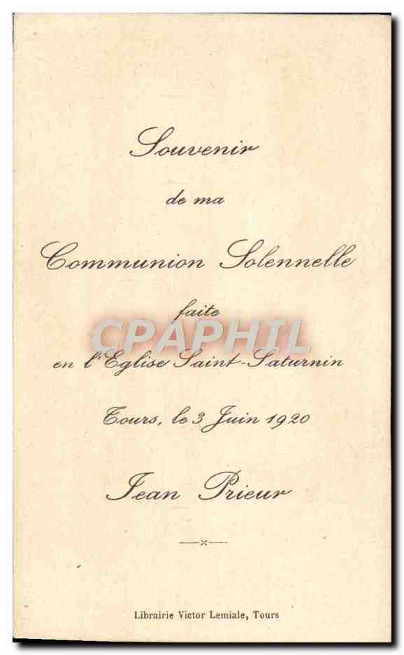 Image pieuse Communion Eglise Saint Saturnin Tours 3 juin 1920 Jean Prieur — Rückseite