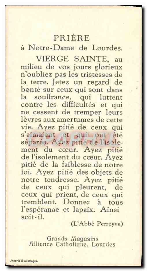 Image pieuse Priere A Notre Dame De Lourdes Vierge Sainte — Verso