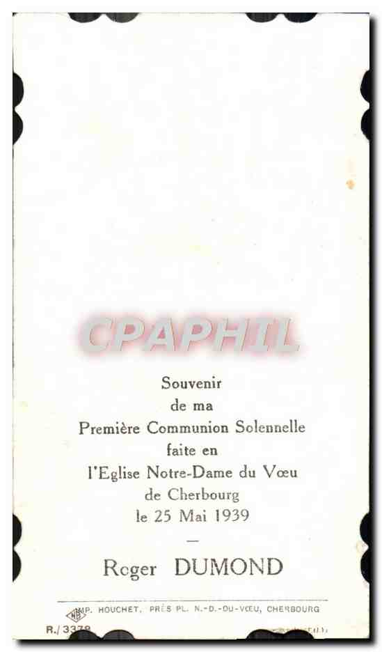 Image pieuse Communion Eglise Notre Dame du Voeux Cherbourg 25 mai 1939 Roger Dumond — Rückseite