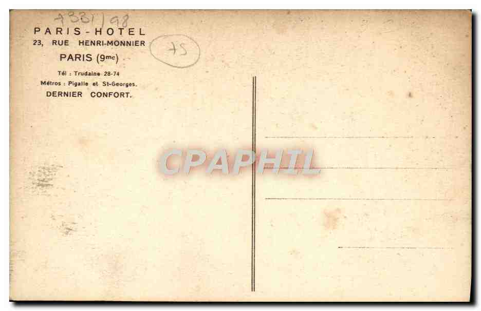 CPA Paris Hotel 23 Rue Henri Monnier Paris — Rückseite