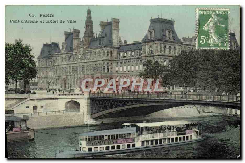 CPA Paris Pont d'Arcole Et Hotel De Ville Bateau Peniche 