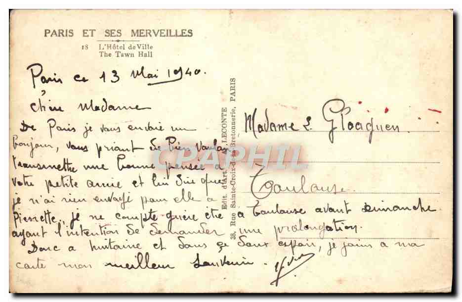 CPA Paris Et Ses Merveilles L'Hotel De Ville — Rückseite