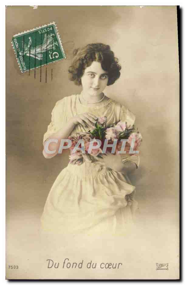 Jeune femme tenant un bouquet — 'Du fond du cœur' — éditeur inconnu, n° 7503
