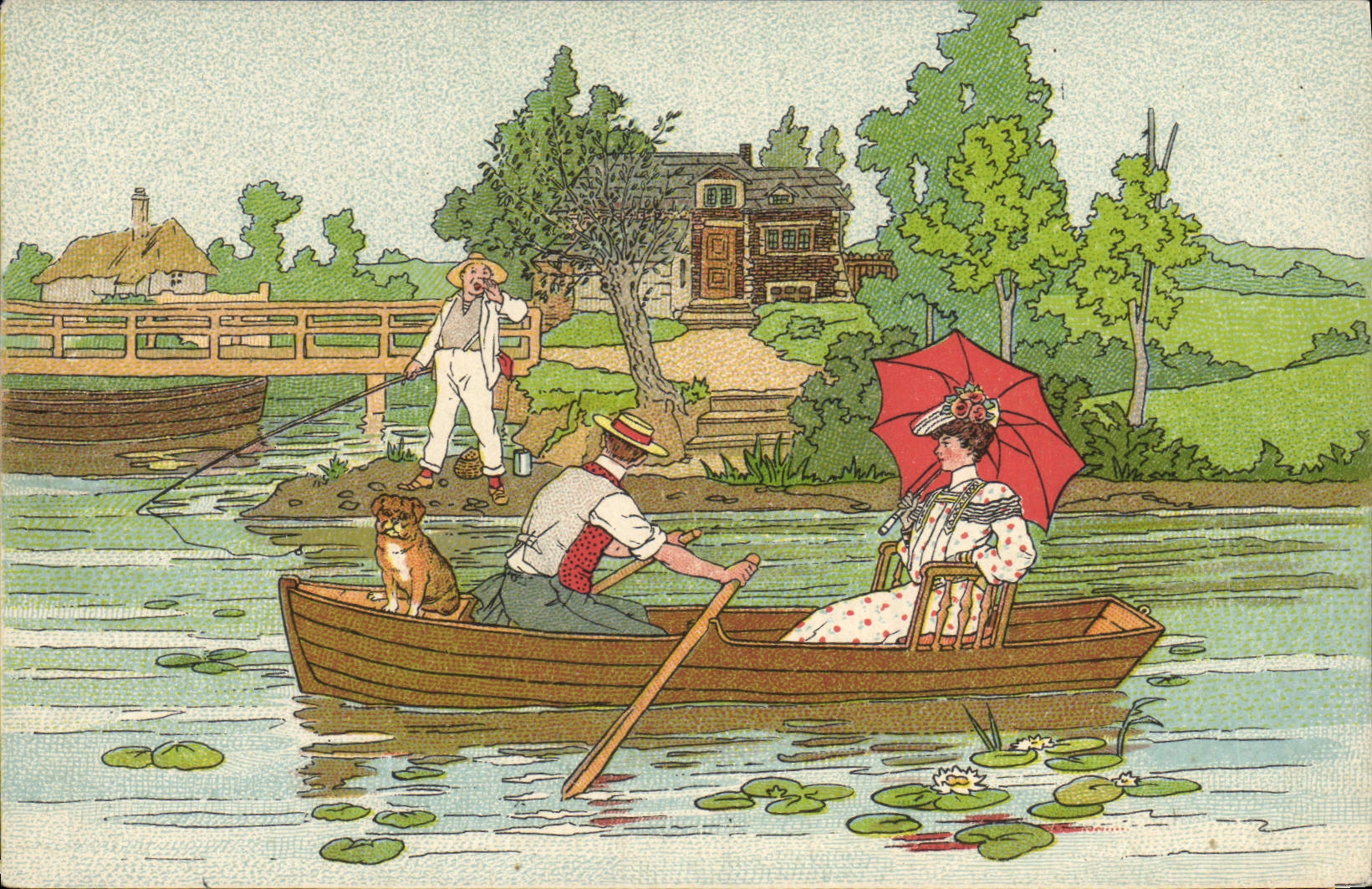 Paysage fluvial — promenade en barque avec couple et chien — Galeries Rémoises