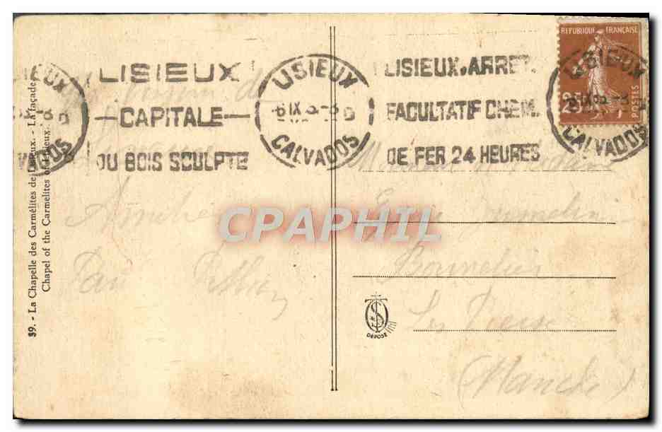 La Chapelle des Carmélites de Lisieux — Capitale du Bois Sculpté — Éditeur non identifié, n°9 — Rückseite
