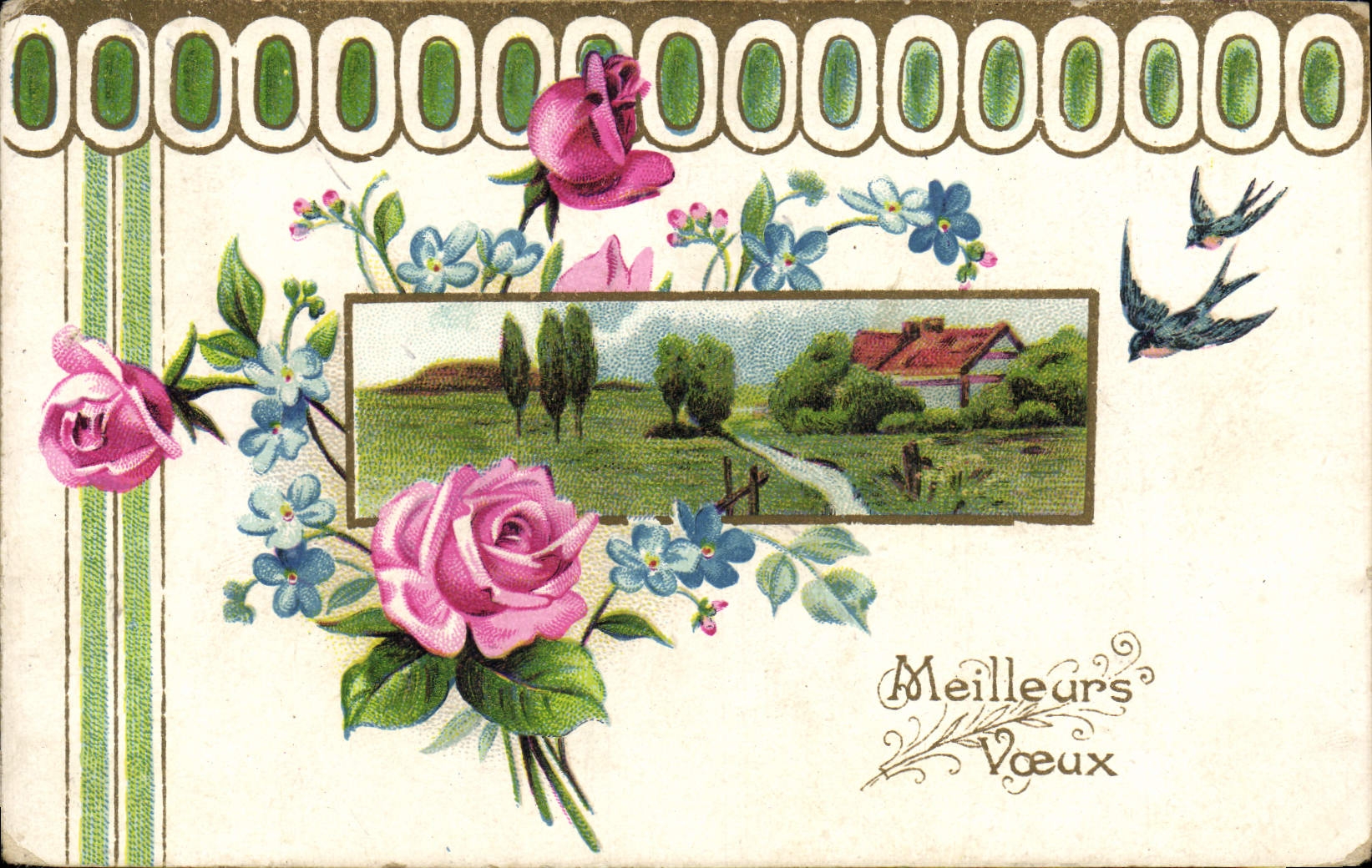 CPA Fantaisie Fleurs Hirondelles