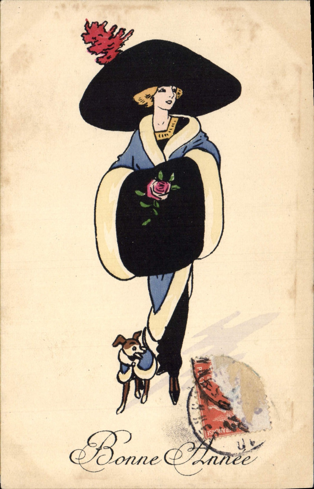 CPA Fantaisie Femme Bonne annee Chien