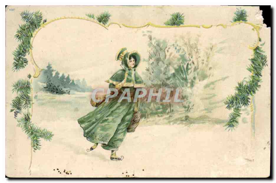 Femme en robe verte patinant — scène hivernale — éditeur non identifié