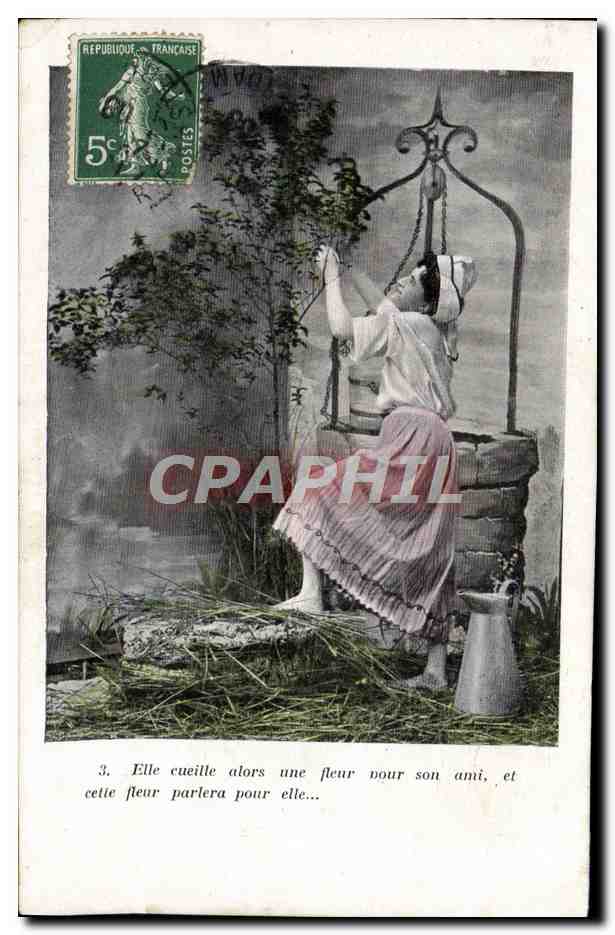Femme cueillant une fleur près d'un puits — illustration — éditeur non visible