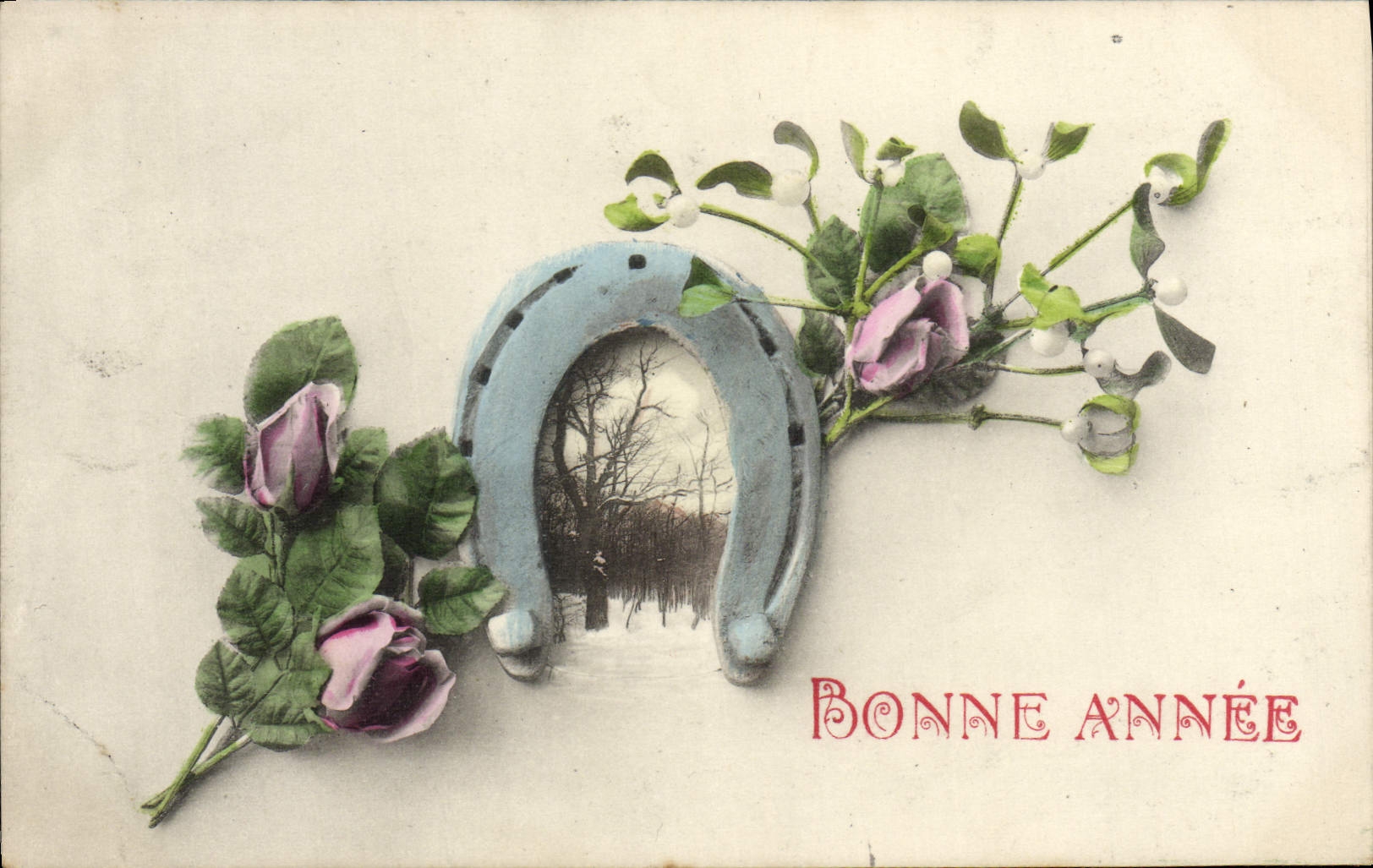 CPA Fantaisie Bonne annee Fleurs Fer a cheval