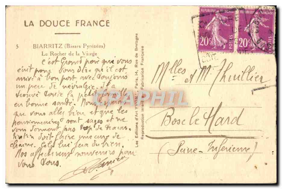CPA La Douce France Biarritz Le Rocher De La Vierge — Verso