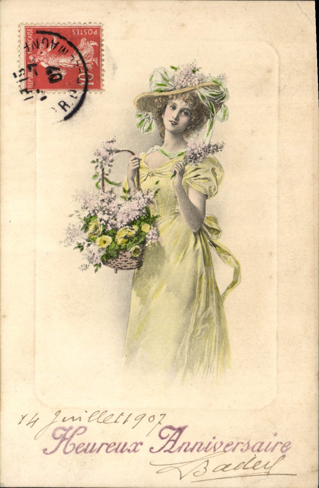 Femme en robe jaune tenant un panier de fleurs — Anniversaire — Badef, n° 276