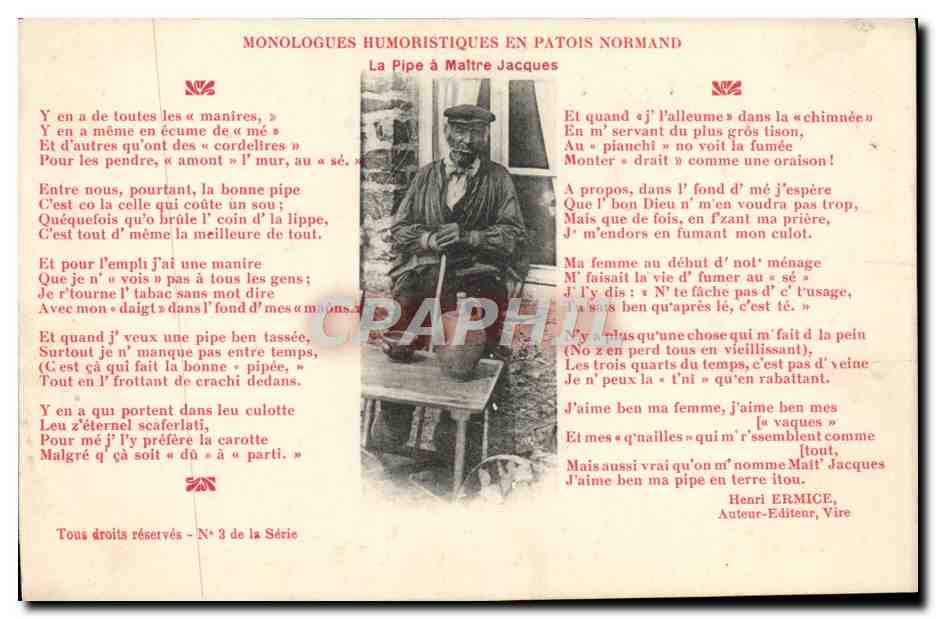 CPA Monologues Humoristiques En Patois Normand La Pipe A Maitre Jacques Folklore