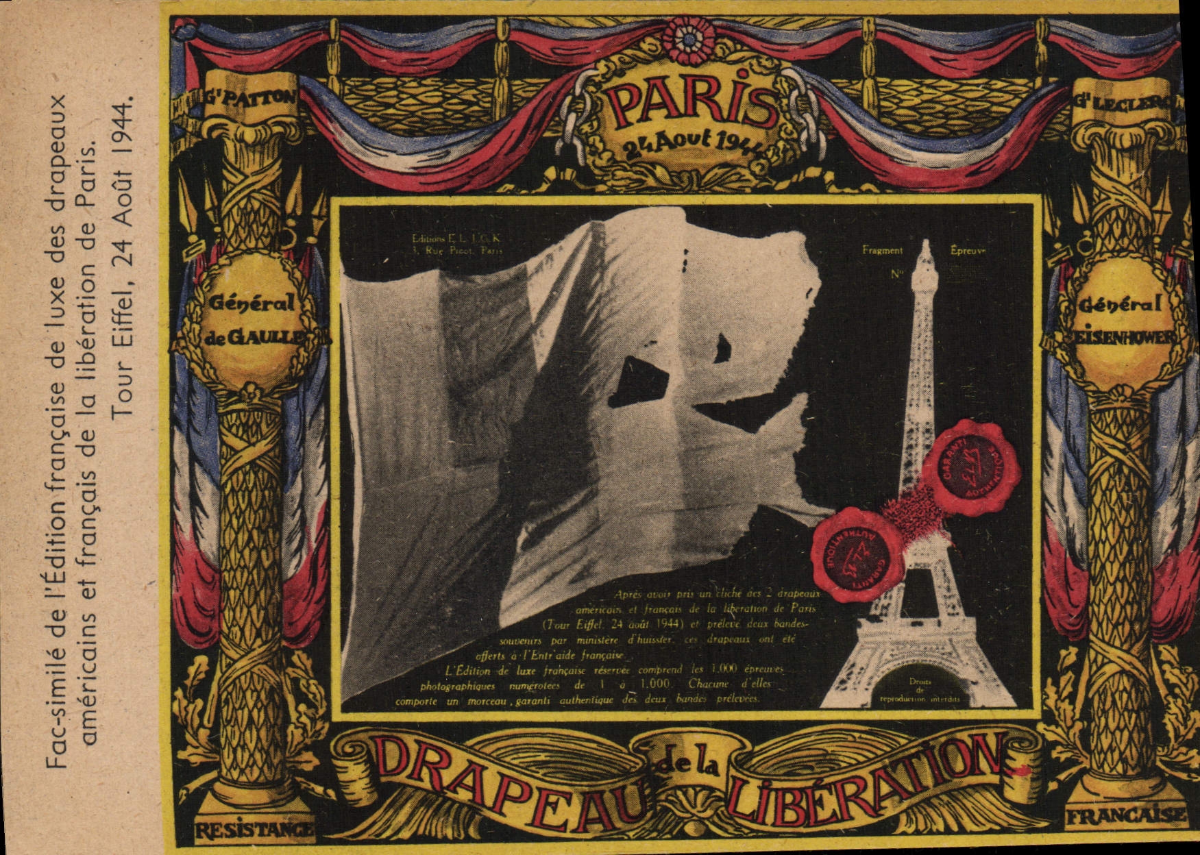 CPM Paris 24 aout 1944 Drapeau de la liberation Resistance General de Gaulle General Eisenhower Militaria Tour Eiffel 