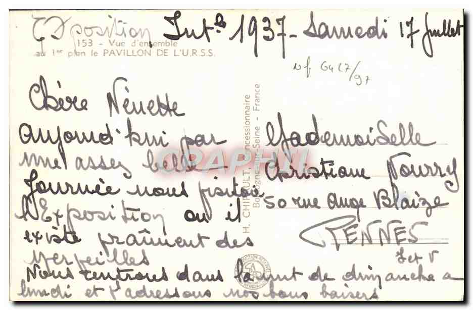 CPA Exposition Internationale Paris 1937 Pavillon de l'URSS Russie Russia — Rückseite