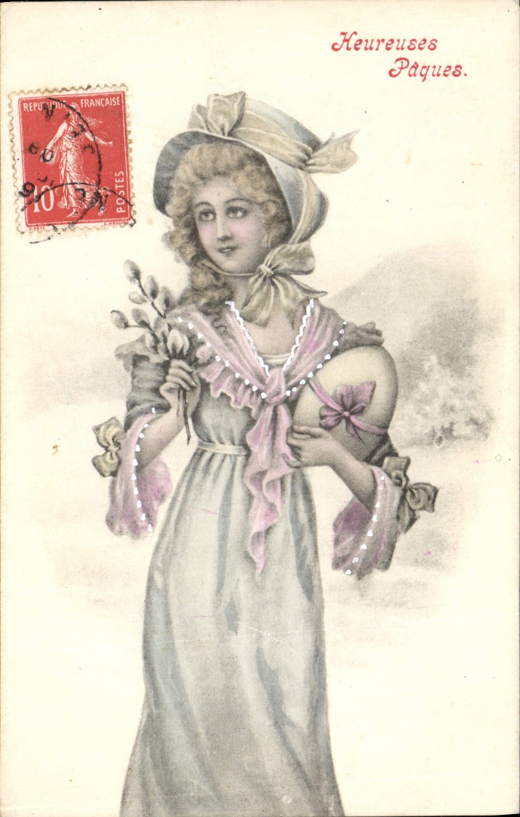 Femme en robe et chapeau — Pâques — éditeur inconnu, n° de série non visible