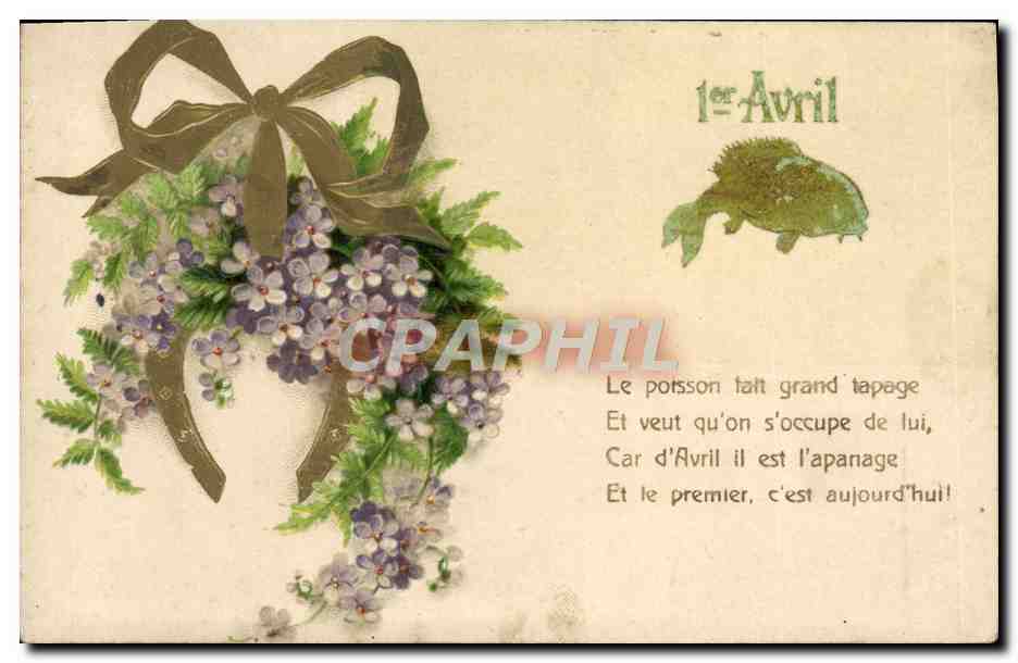Fleurs et poisson — 1er Avril — Carte postale multilingue