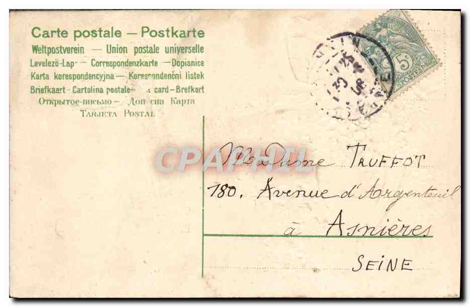 Fleurs et poisson — 1er Avril — Carte postale multilingue — Verso