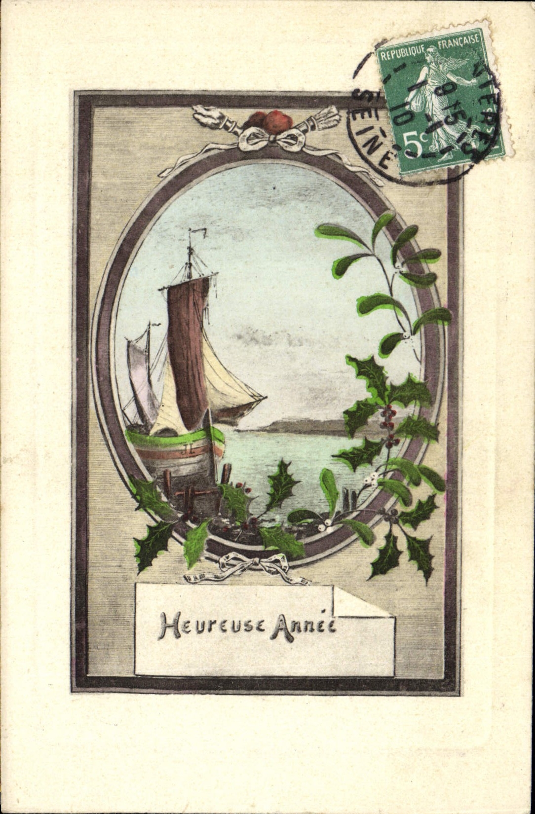CPA Fantaisie Heureuse annee Bateau 