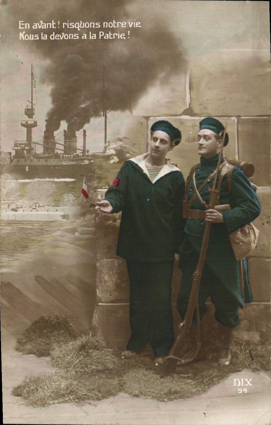 Zwei Soldaten — Matrose und Soldat — vor einem rauchenden Schiff — DIX 94