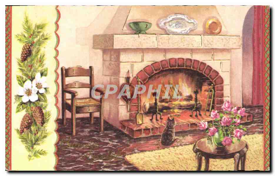 CPM Fantaisie Chat au bord de la cheminee