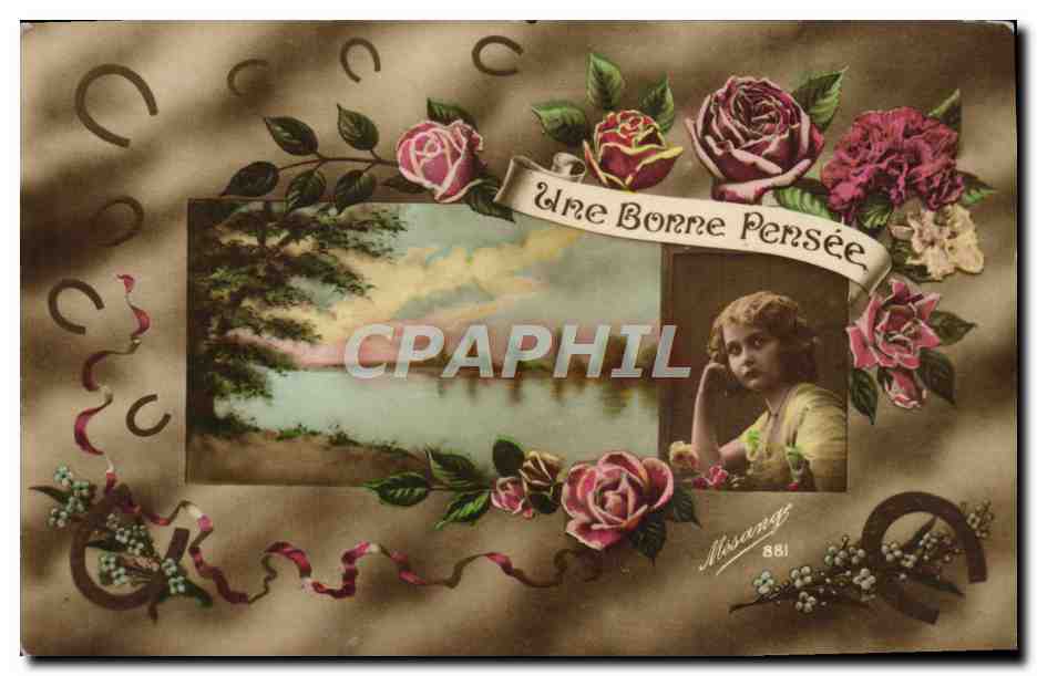 Une Bonne Pensée — carte postale décorée de roses et de houes — éditeur Missang, n° 881