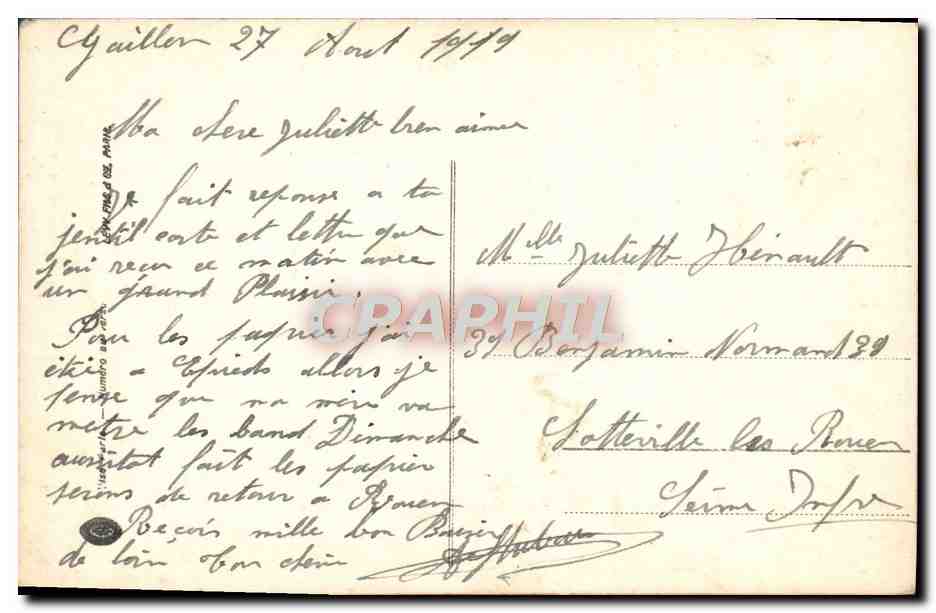 Une Bonne Pensée — carte postale décorée de roses et de houes — éditeur Missang, n° 881 — Verso