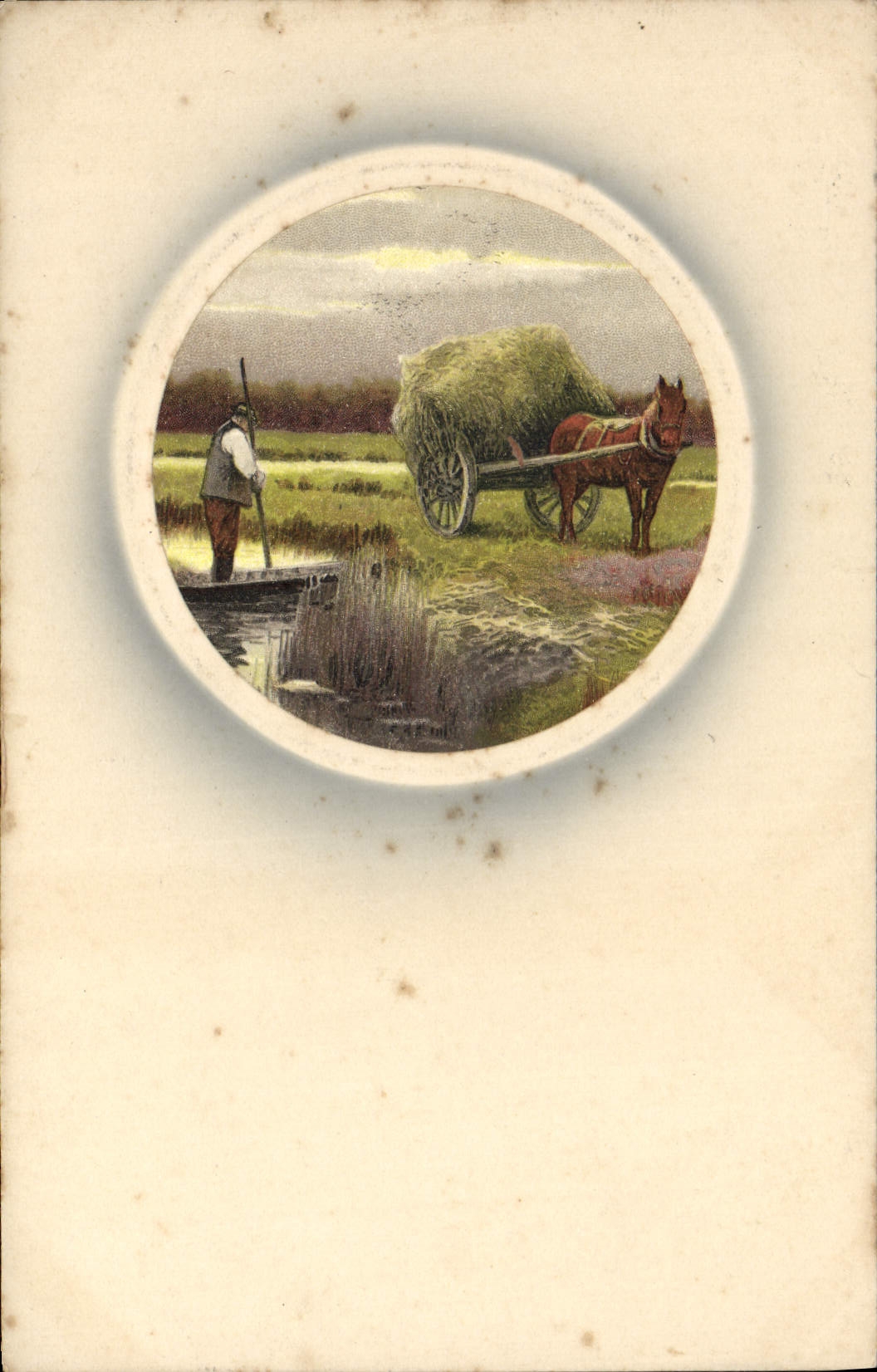 Scène de campagne — homme avec bâton près d'un canal et char à cheval chargé — Meissner & Buch Leipzig, série 1527