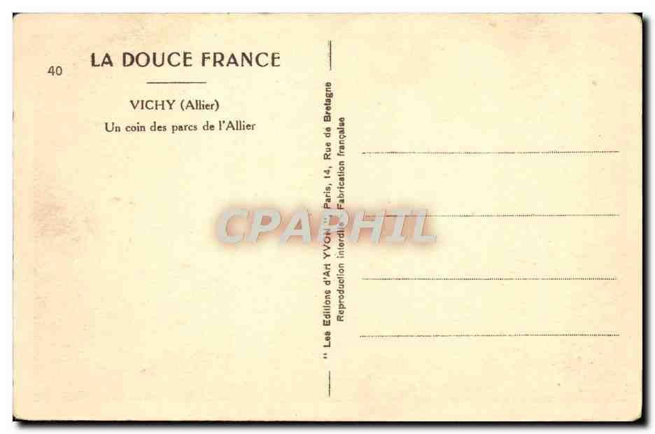 CPA Vichy Un Coin des Parcs de L'Allier — Verso