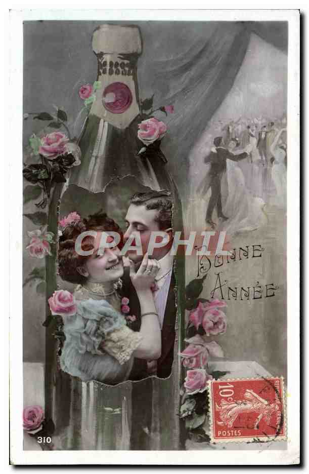 Couple amoureux dans une bouteille de champagne — Joyeuse Année — éditeur non visible, n° 310