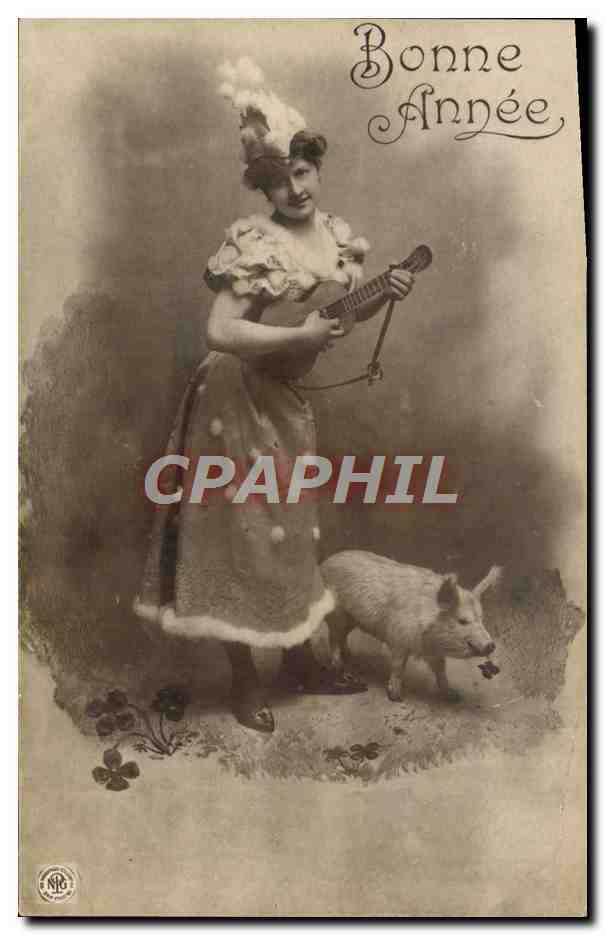 Mujer con cerdo — Feliz Año — Née Photographische Gesellschaft, 1906