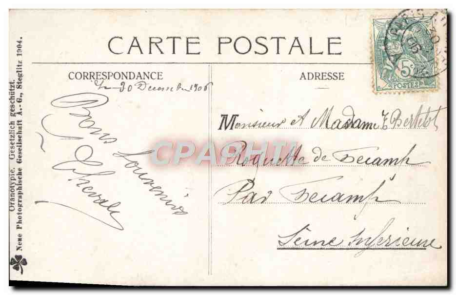 Mujer con cerdo — Feliz Año — Née Photographische Gesellschaft, 1906 — Reverso