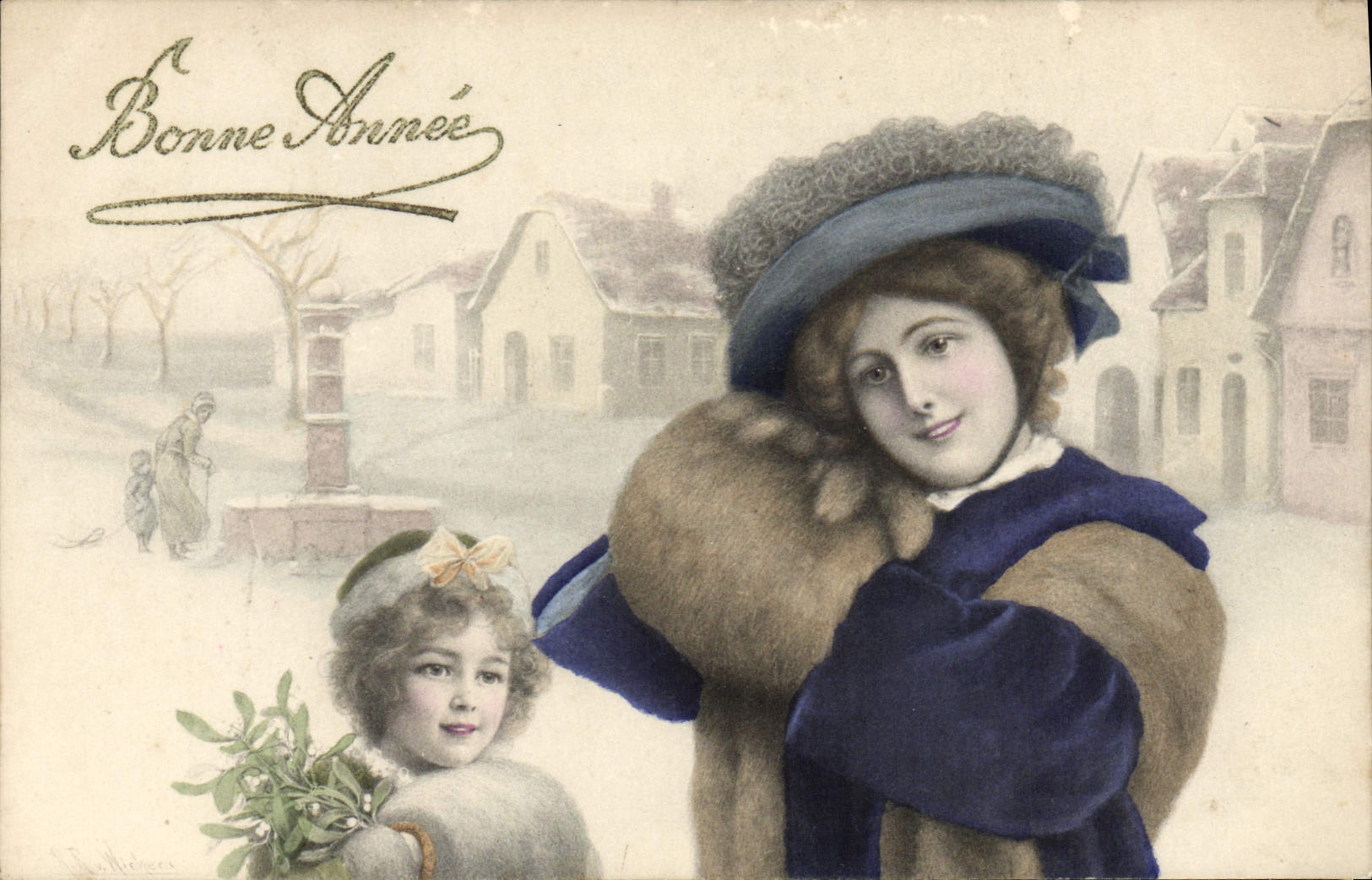 Deux jeunes filles en hiver — Bonne Année — Éditeur M. M. Viennet, n° 336