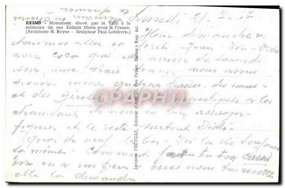 CPA Reims Monument a la memoire de ses enfants morts pour la France Militaria  — Verso