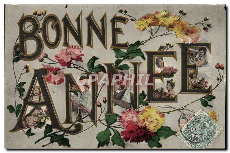 Bonne Année — décorée de fleurs et de portraits — Héliotypie Dugas et Cie, Nantes