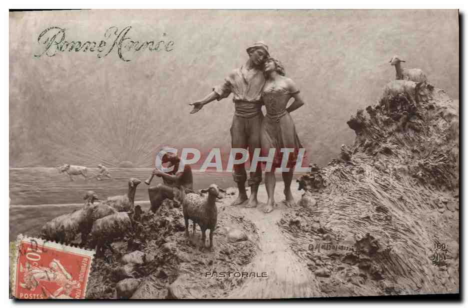 CPA Fantaisie Bonne annee Femme Berger Moutons