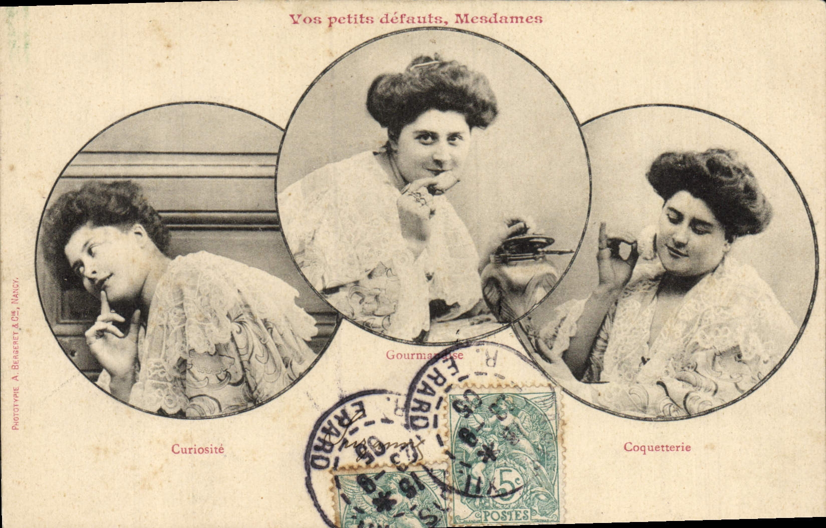 Trois femmes — Curiosité, Gourmandise, Coquetterie — Phototype A. Béseret, Nancy