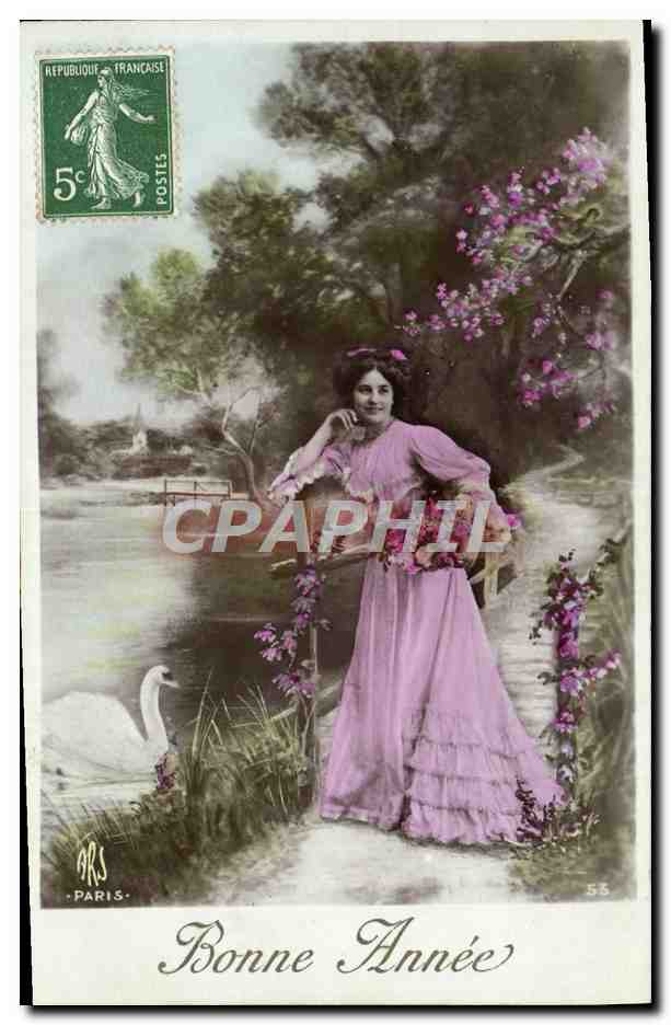 CPA Fantaisie Femme Cygne Bonne Annee